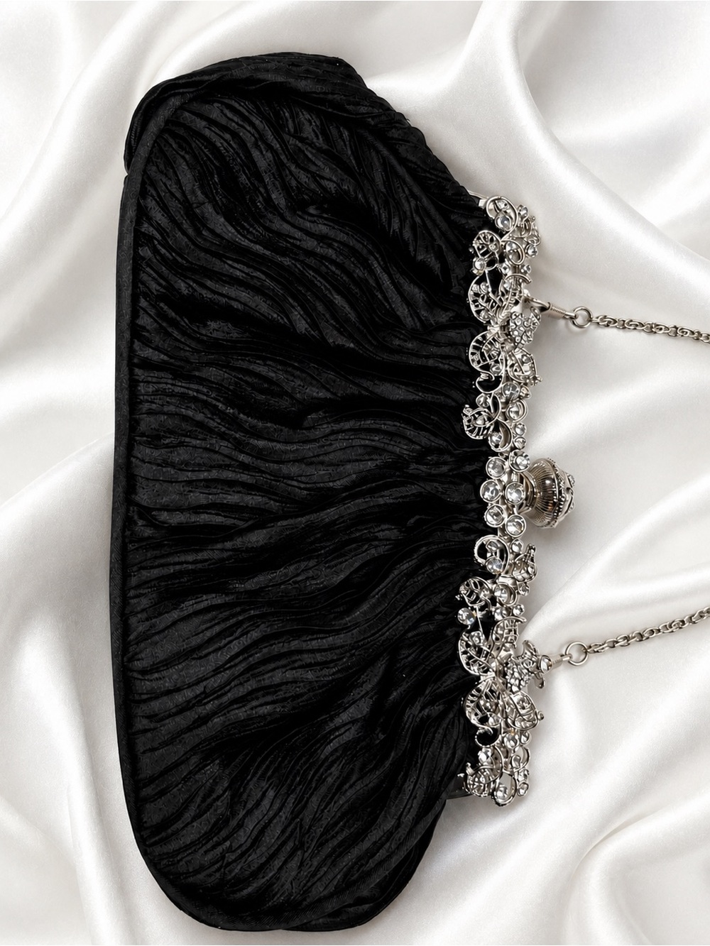 ✨ Vintage Black Satin Handmade Clutch – Crystal Trim, 1950s–60s, Elegant